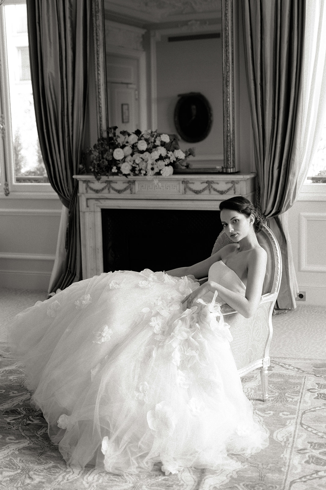 Luxury bridal portrait inside Plaza Athénée Paris